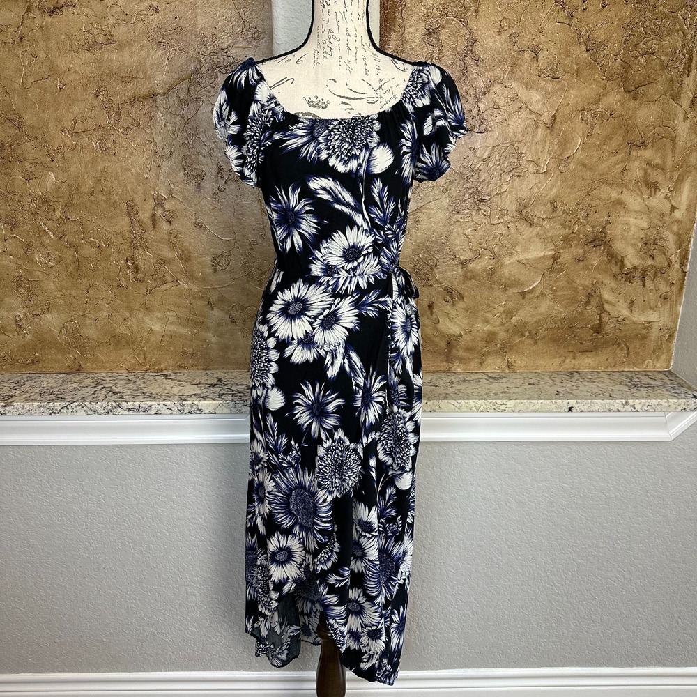 Band of Gypsies Floral Midi Dress Size S Blue White Boho Puff Sleeve Square Neck